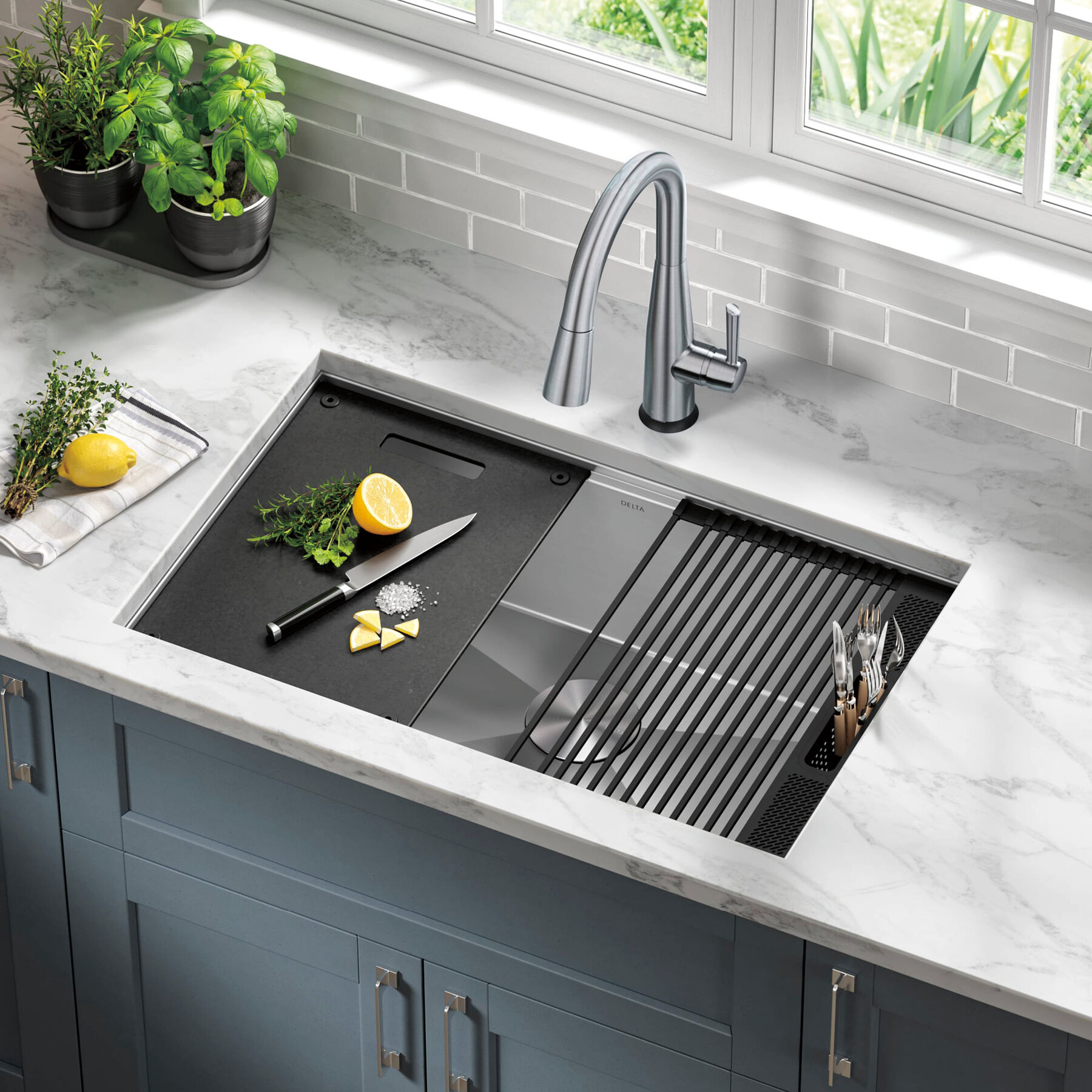 30” Workstation Kitchen Sink Undermount 16 Gauge Stainless Steel Single Bowl with WorkFlow™ Ledge and Accessories, image 14